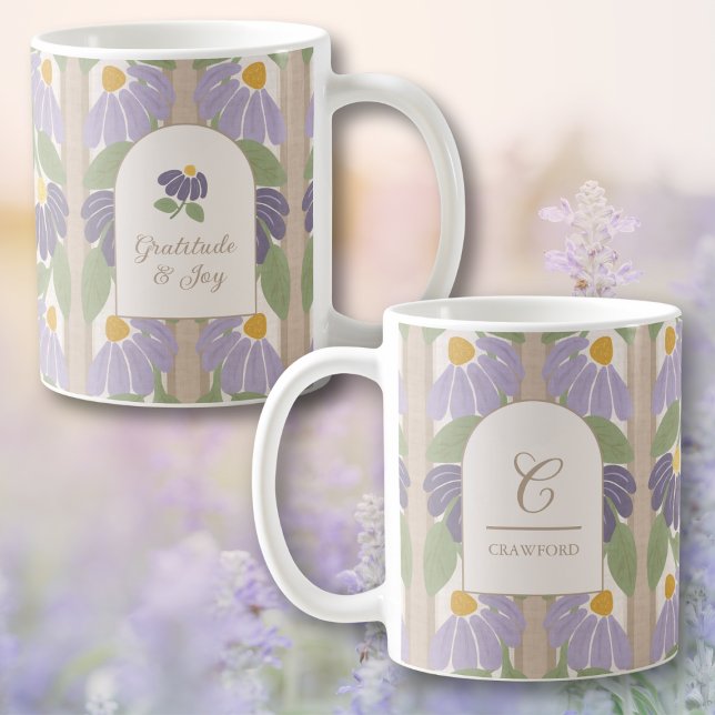 Caneca De Café Monogrammed Floral Stripe Mug – Personalized Gift  (Monogrammed Purple Bloom Striped Mug with Custom Inspirational Quote)