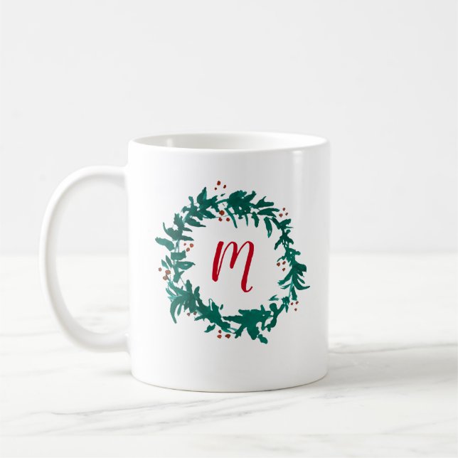 Caneca De Café Monogramo Wreath Painting Berries Café Mug (Esquerda)