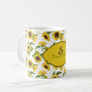 Caneca De Café Monomarca de Nome de Girassóis em Aquarela Vintage