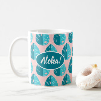 Caneca De Café Monstera Leaves - Blue and Pink