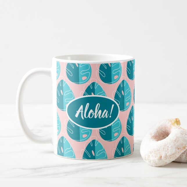 Caneca De Café Monstera Leaves - Blue and Pink (Com Donut)