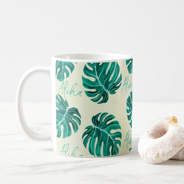 Caneca De Café Monstera tropical emerald green palm deixa aloha (Com Donut)