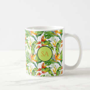 Caneca De Café Monstera Verde Tropical de Cores Aquáticas e Folha