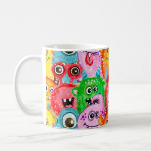 Caneca De Café Monstros Engraçados, Padrão Sem Costura De Aquarel