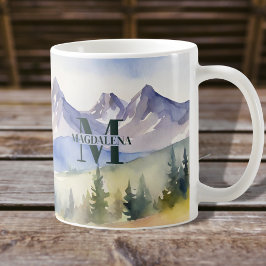 Caneca De Café Montagens de Aquarela Paisagem Monograma Nome