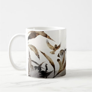 Caneca De Café Montanha Nebulosa Zen Pássaros Minimalista Naturez