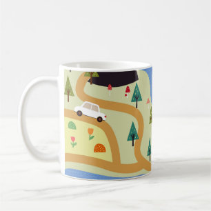 Caneca De Café Montanhas, rios, floresta, padrão de carros.