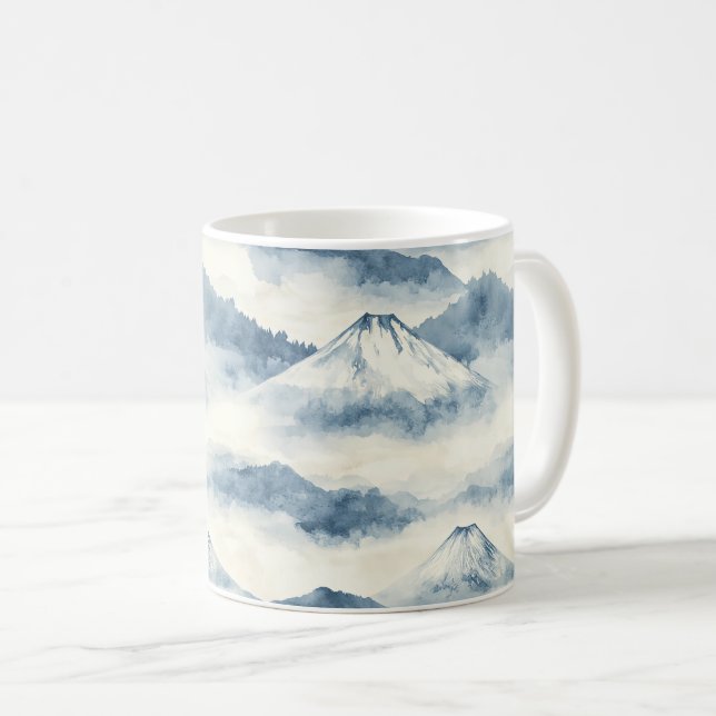 Caneca De Café Montanhas Serenas Cobiertas de Neve - Azul e Branc (Frente Esquerda)