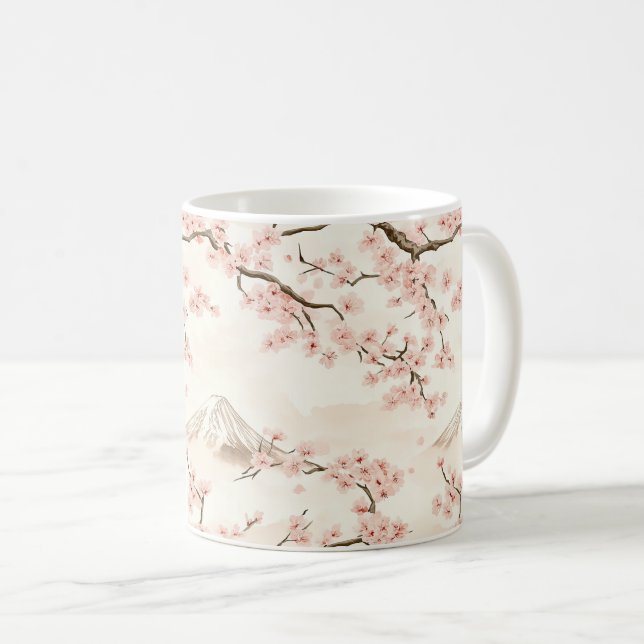 Caneca De Café Monte Fuji com Flores de Cerejeira – Japonês (3) (Frente Esquerda)