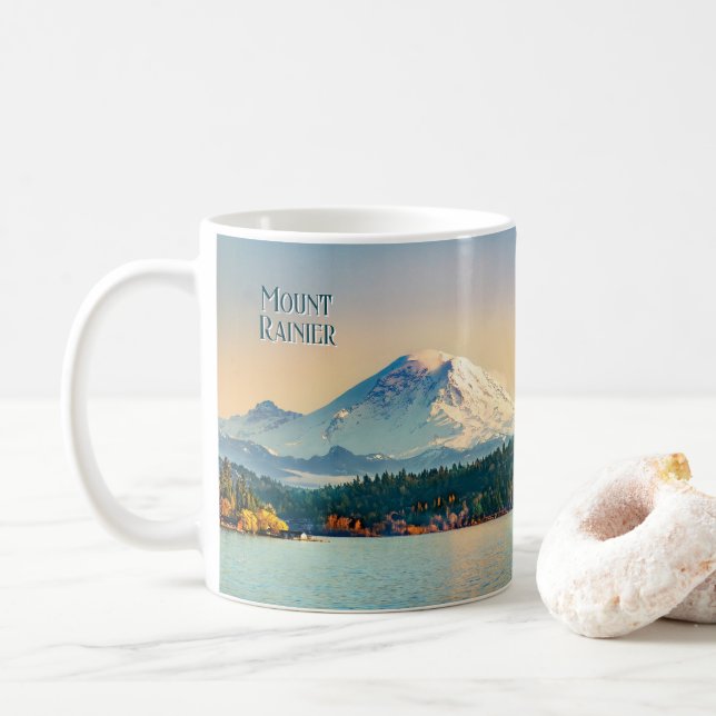 Caneca De Café Monte Rainier Lake Washington Pacífico Noroeste (Com Donut)