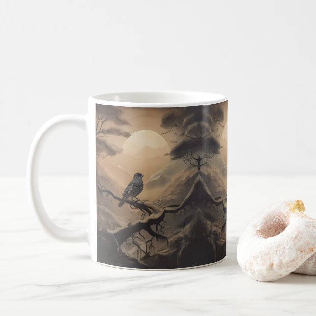 Caneca De Café Moonlit Perch: Um Pássaro Solitário em Crepúsculo (Com Donut)