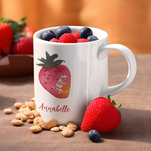 Caneca De Café Morango-de-Aveleiro Personalizado Elegante (This strawberry mug features my hand-painted watercolor berry, plus your name in chic retro script.)