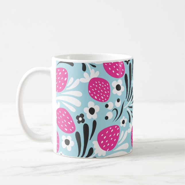 Caneca De Café Morango Floral: Berry Rosa Sem Costura. (Esquerda)