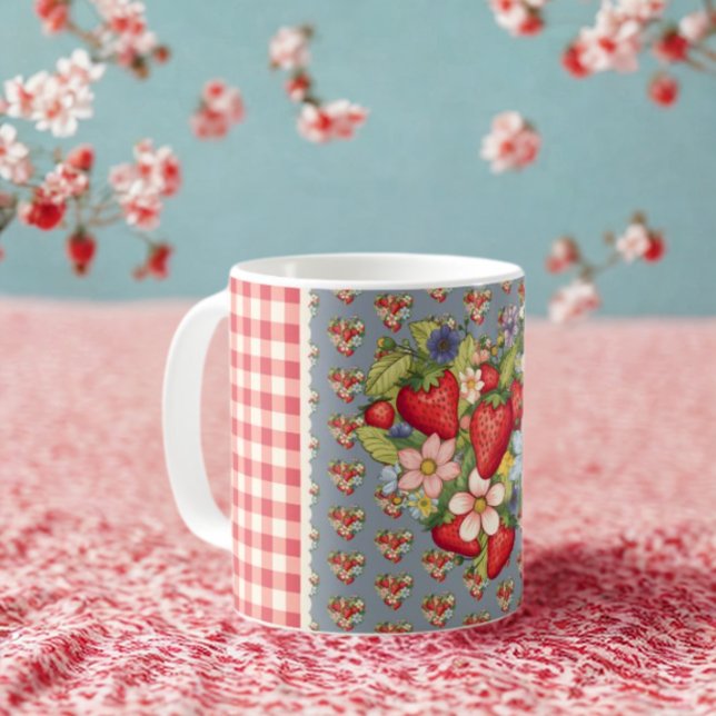 Caneca De Café Morangos Red Gingham e Blue Slate (Criador carregado)
