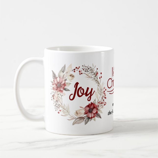 Caneca De Café Morte de Natal com flores vermelhas e bagas Joy (Esquerda)
