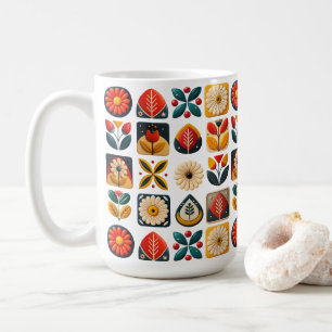Caneca De Café Mosaico Floral de Arte Folclórica em Cores Retroat