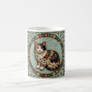 Caneca De Café Mosaico Floral de Gato Calico Fino Estilo Antigo