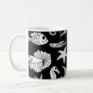 Caneca De Café Motif De Peixe: Padrão Branco Preto.