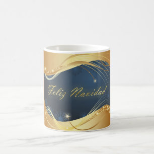 Caneca De Café Motivo de Natal dourado com fundo azul...