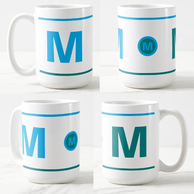 Caneca De Café Mug De Café Inicial Monograma Moderno (Azul, Teal) (Initial Letter Monogram Modern mug)