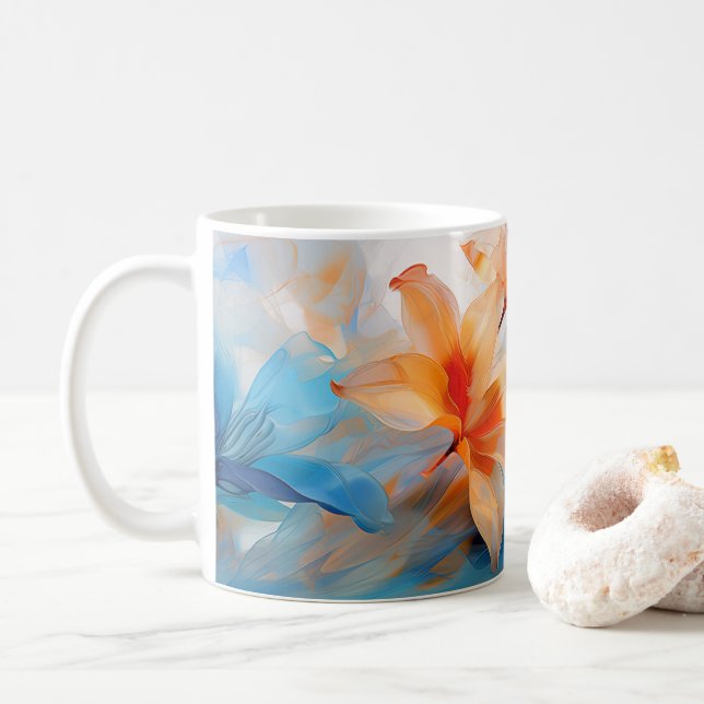 Caneca De Café Mug de flor azul e laranja (Com Donut)