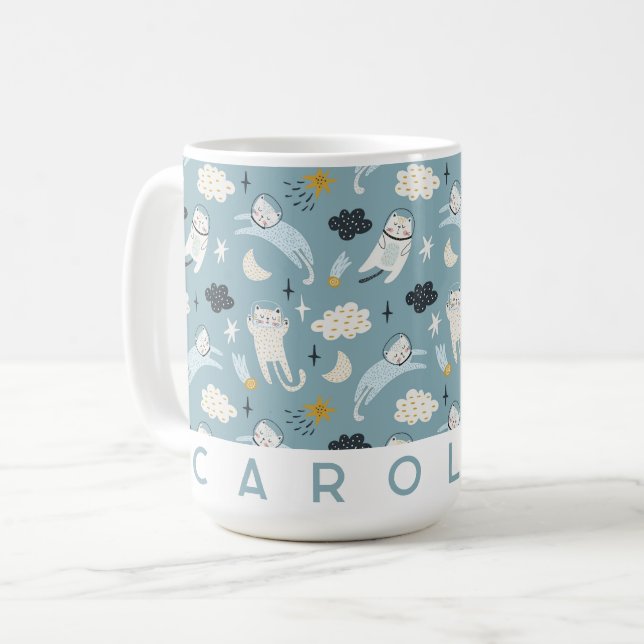 Caneca De Café Mug de Gatos Espaciais Personalizados | Nome Perso (Frente Esquerda)