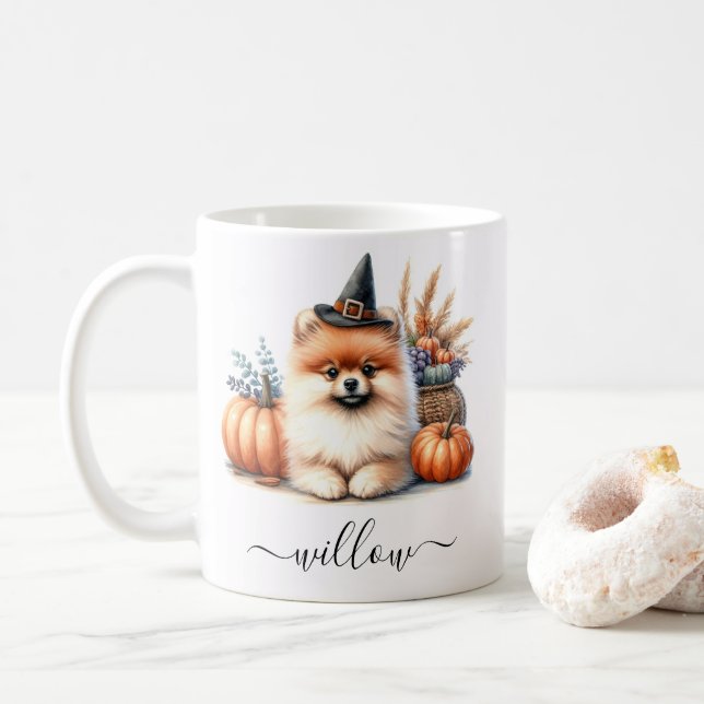 Caneca De Café Mug de Halloween Pomeraniano com nome personalizad (Com Donut)