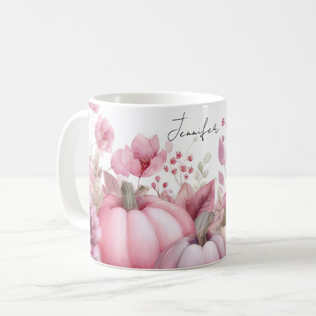 Caneca De Café Mug de queda com abóboras e flores rosa (Frente Esquerda)