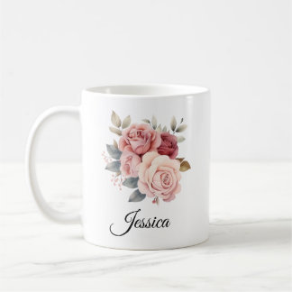 Caneca De Café Mug de Rosas Rosa Personalizadas - Nome Personaliz