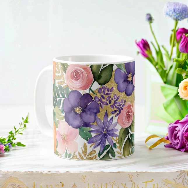 Caneca De Café Mug floral de aquarela com acentos Dourados (Criador carregado)
