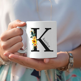 Caneca De Café Mug Monograma Floral K com Nome Editável
