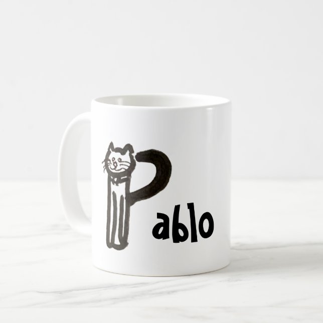 Caneca De Café Mug - Nome com Letra Cat Inicial P (Frente Esquerda)
