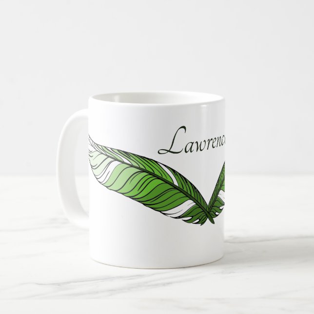 Caneca De Café Mug - Penas Verdes e Nome (Frente Esquerda)