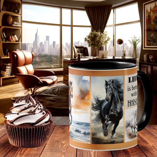 Caneca De Café Mug Personalizado De Café Do Prato De Cavalo (Elegant horse lover mug featuring your custom photos on a gold brown design)