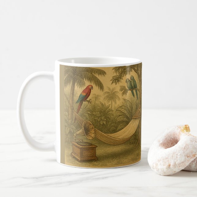 Caneca De Café Mug Tropical - Papagaio Exótico Hammock Vibes (Com Donut)