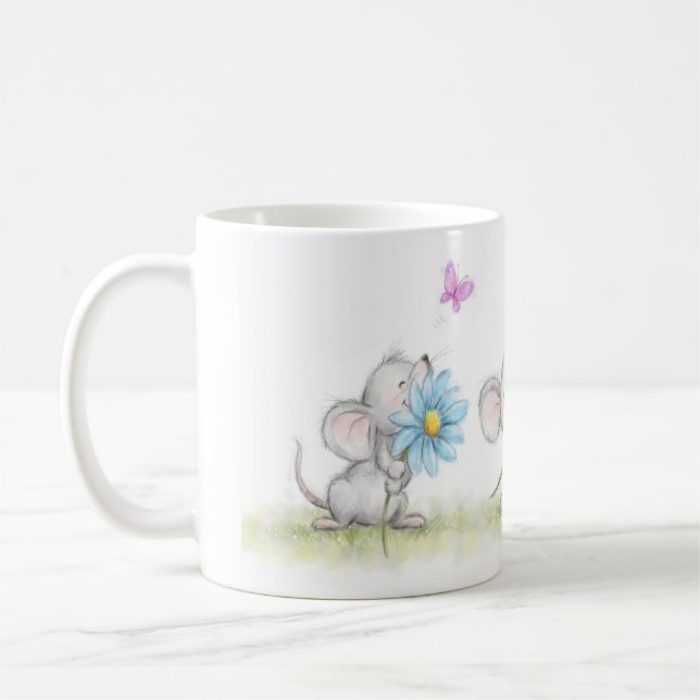 Caneca De Café mug with three cute mice holding pretty flowers (Esquerda)