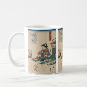 Caneca De Café Mulher à Mesa, Gato Branco Saltando sobre Borbolet