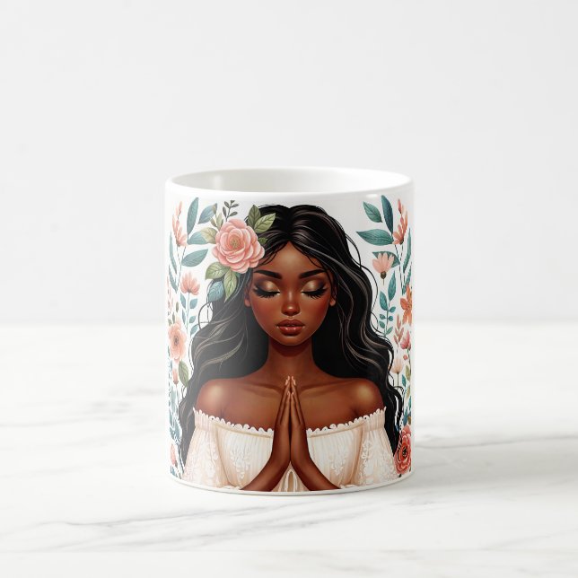 Caneca De Café Mulher Afro-Americana Orando Floral (Centro)