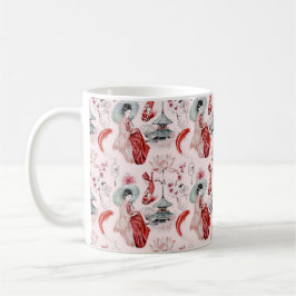 Caneca De Café Mulher aquarela japonesa Pagoda Lotus Koi Fish