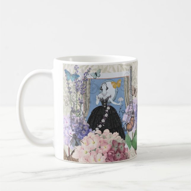 Caneca De Café Mulher Azul Elegante Vestido Floral Chique (Esquerda)