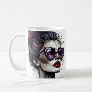 Caneca De Café Mulher bonito em óculos escuros e batom roxo