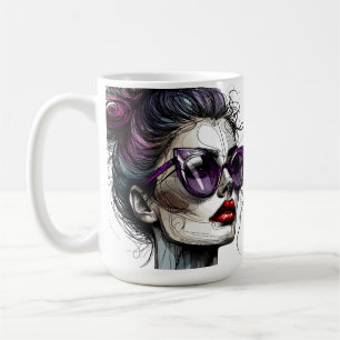 Caneca De Café Mulher bonito em óculos escuros e batom roxo
