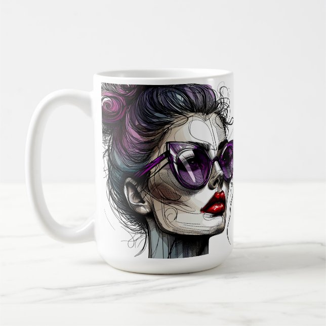 Caneca De Café Mulher bonito em óculos escuros e batom roxo (Esquerda)