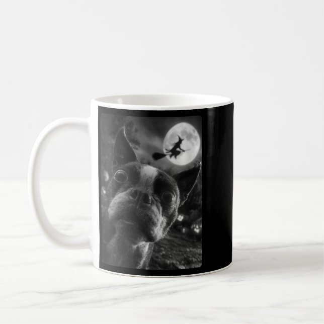 Caneca De Café Mulher Boston Terrier Selfie Lua Cheia Voando (Esquerda)
