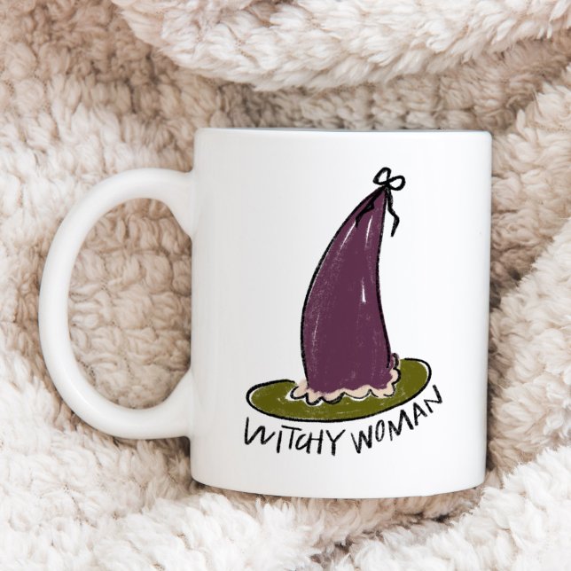 Caneca De Café Mulher Bruxa Ilustrada Chapéu de Bruxa Roxo (Witchy Woman Illustrated Purple Witch Hat Coffee Mug)