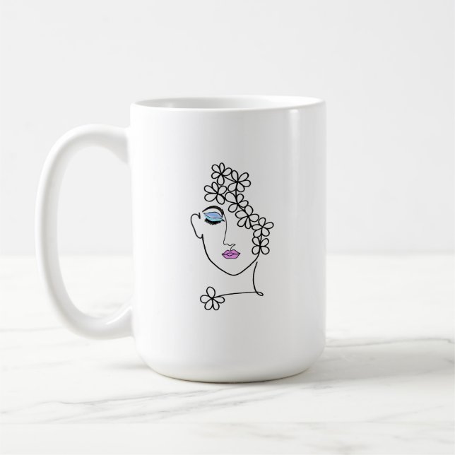Caneca De Café Mulher com Flores de Arte em Linha (Esquerda)