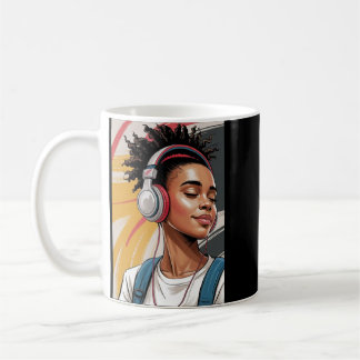 Caneca De Café Mulher de Cabelo Cacheado Ouvindo Música Fones de 