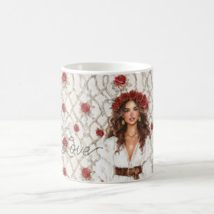 Caneca De Café Mulher de Cabelo Castanho Coroa de Rosas Floral de