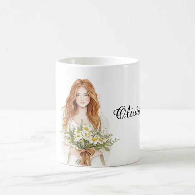 Caneca De Café Mulher de Cabelo Vermelho Flores de Margarida (Centro)