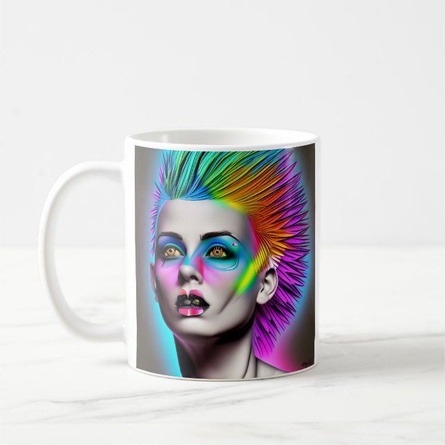 Caneca De Café Mulher Distópica com Mohawk Arco-Íris Abstrato Mod (Esquerda)
